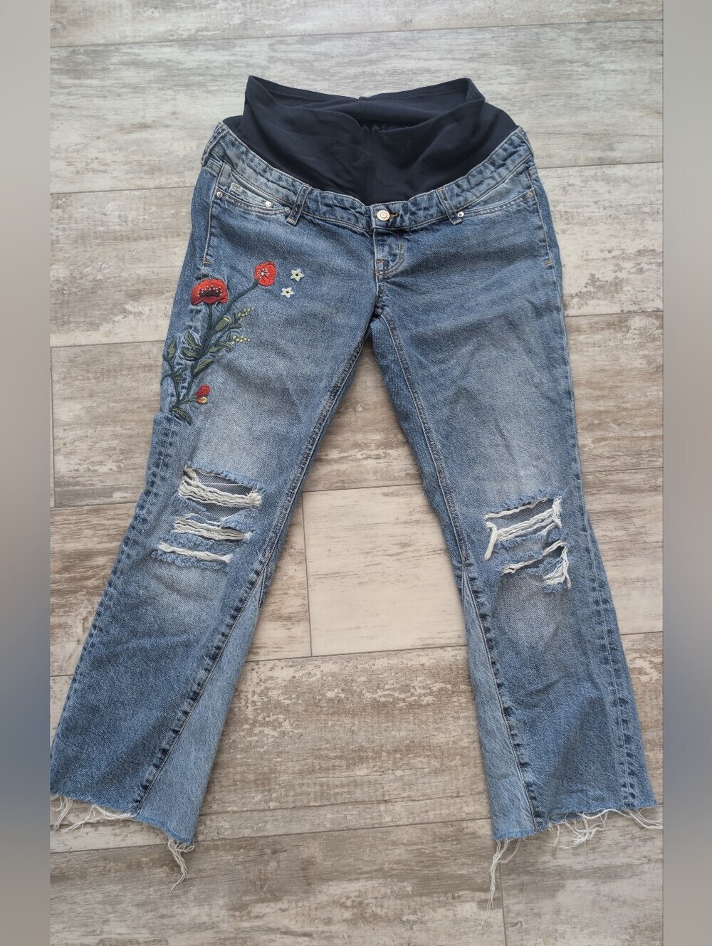 Embroidered Straight Leg Maternity Jeans in Light Blue